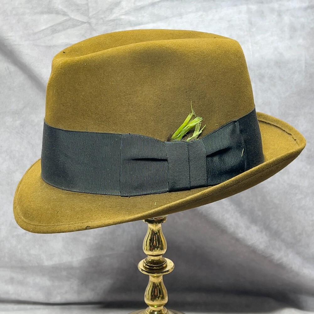 Vintage 1960s Trilby Hat Mens 7 1/8 Olive Mello Felt Black Band Union Made USA
